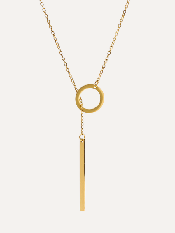 CÉLOIR Isola Halskette aus goldfarbenem Edelstahl mit Kreis- und Stab-Anhänger an einer 55 cm langen Kette