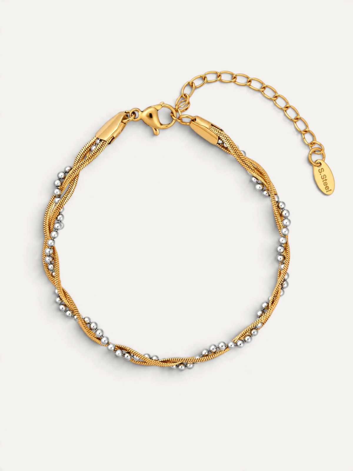 CÉLOIR Cleo Armband aus gold- und silberfarbenem Edelstahl mit gedrehter Kette und kleinen Perlen